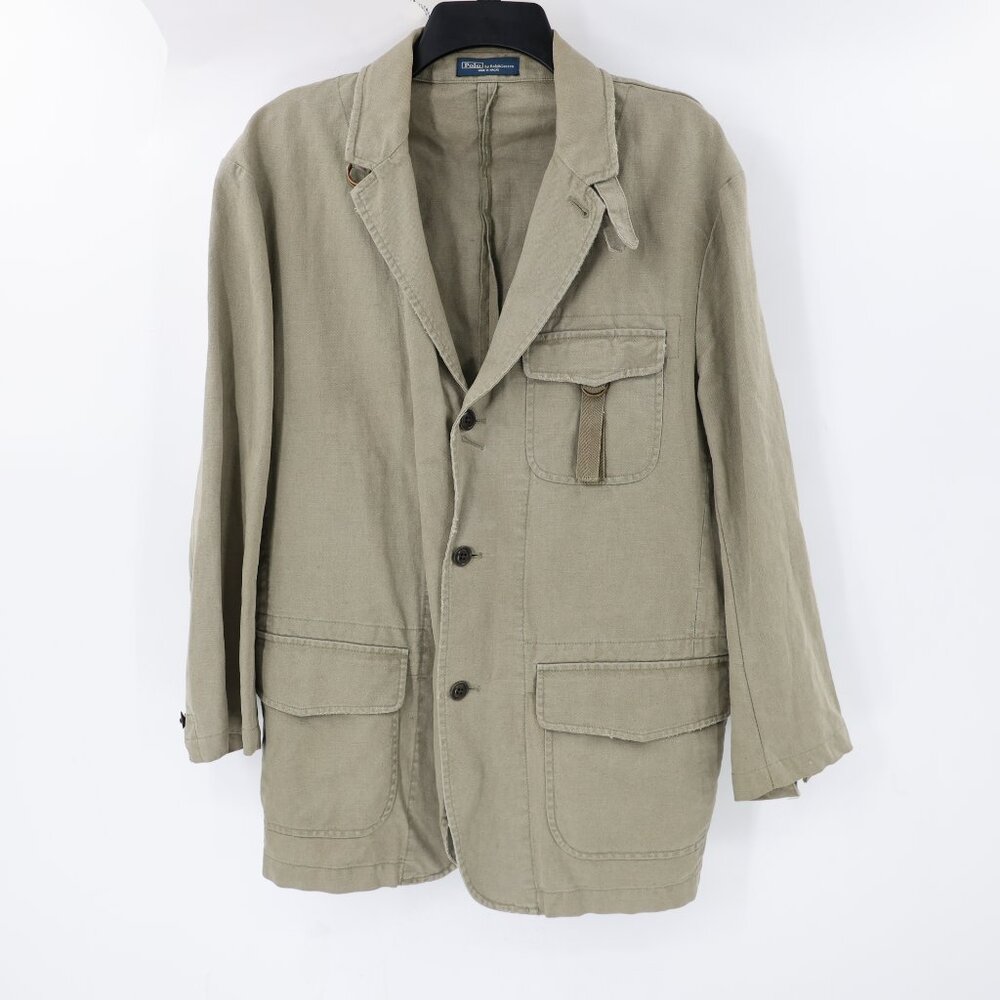 Vintage Polo Ralph Lauren sport coat mens large Military Blazer Green Linen army